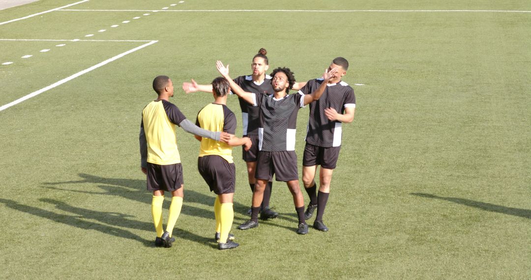 Soccer Team Celebrating Goal on Grass Field in Sunny Day