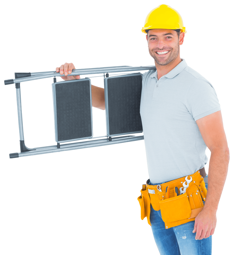 Happy Manual Worker Carrying Step Ladder Transparent Background