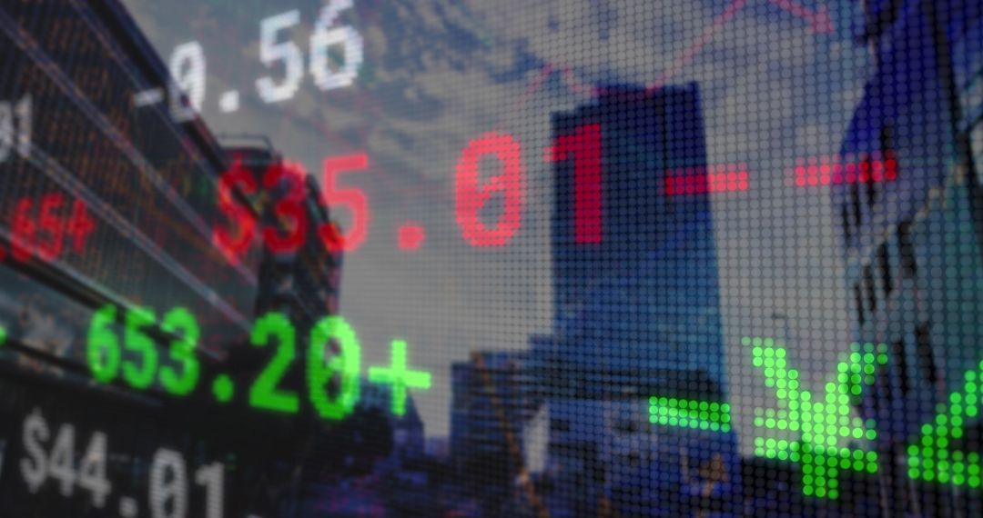 Digital Stock Market Data Display Over Urban Skyline