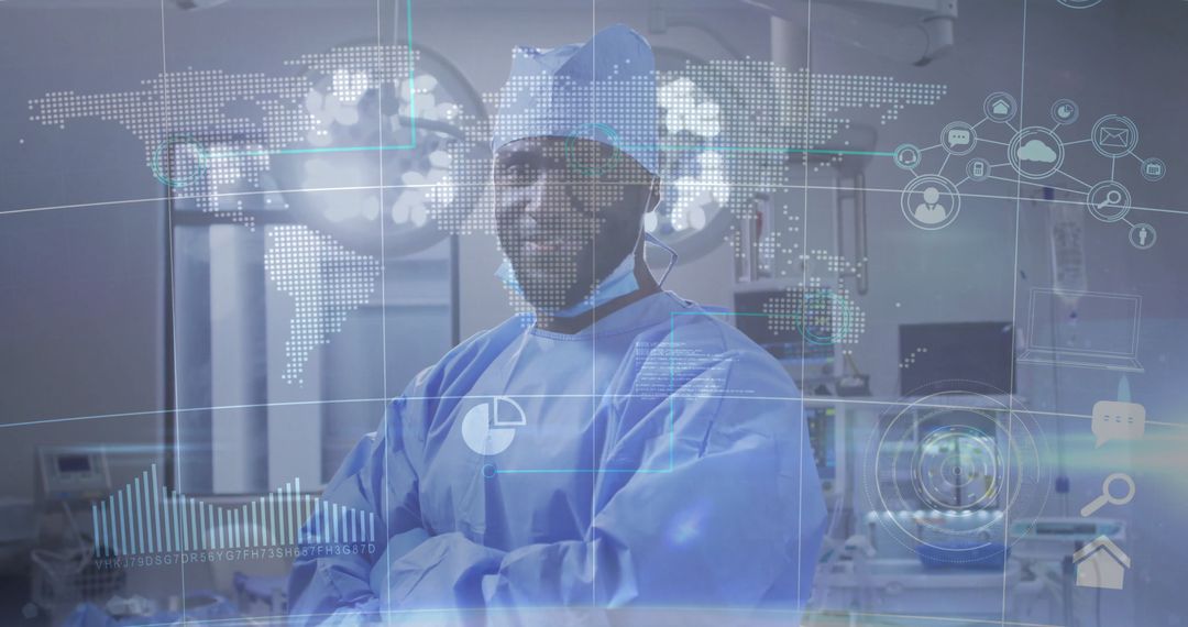 Futuristic Healthcare: Surgeon with Tech Overlays in Operating Room