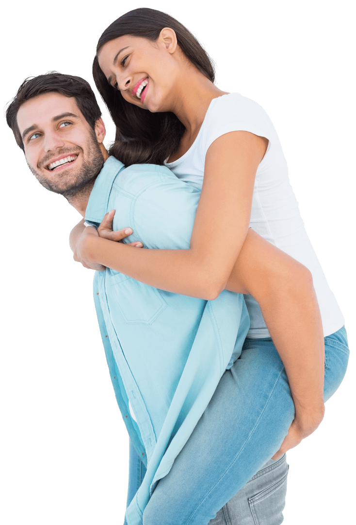 Happy Couple Enjoying Piggyback Ride on Transparent Background