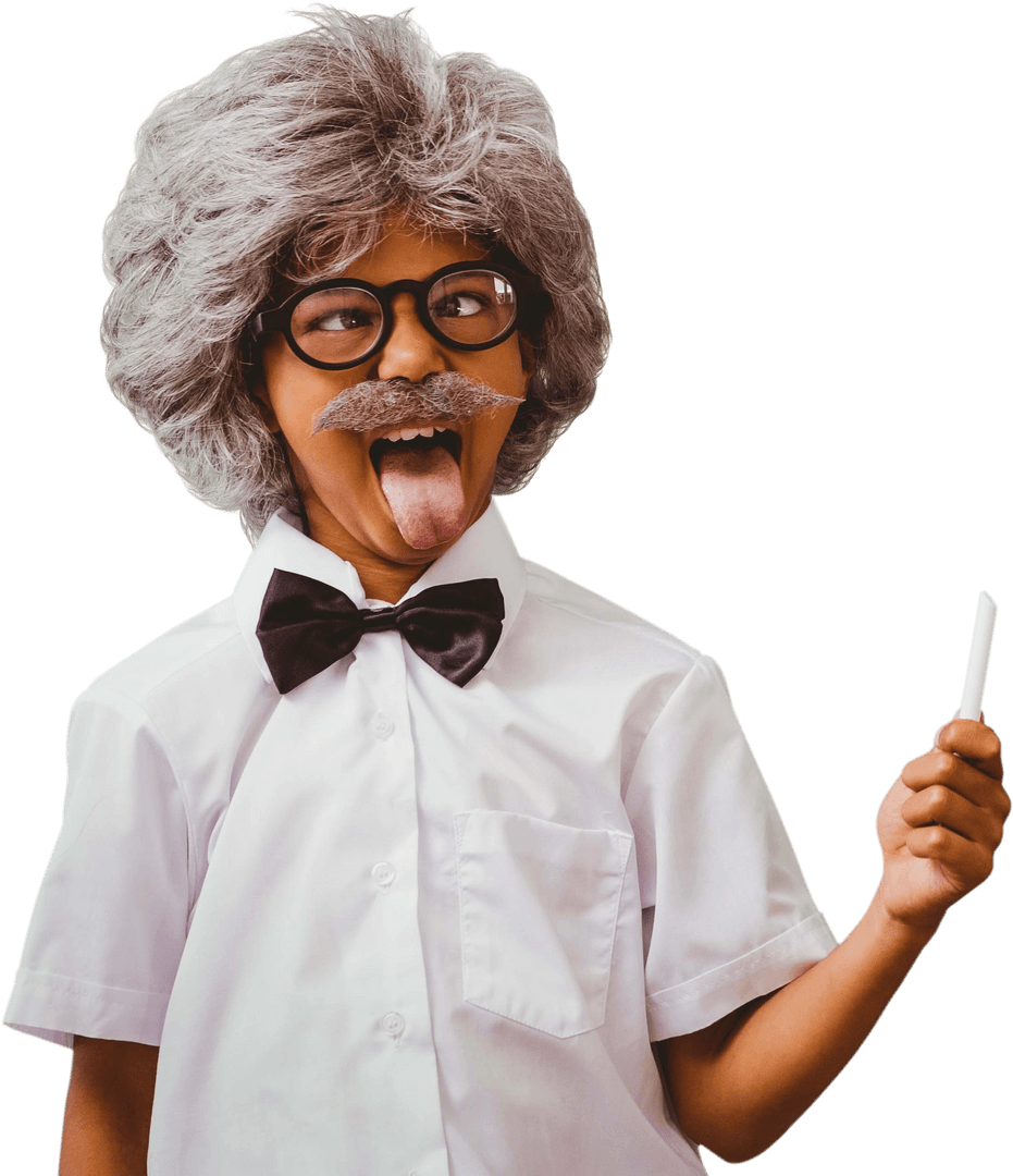 Biracial Boy Dressed as Scientist with Chalk and Silly Expression