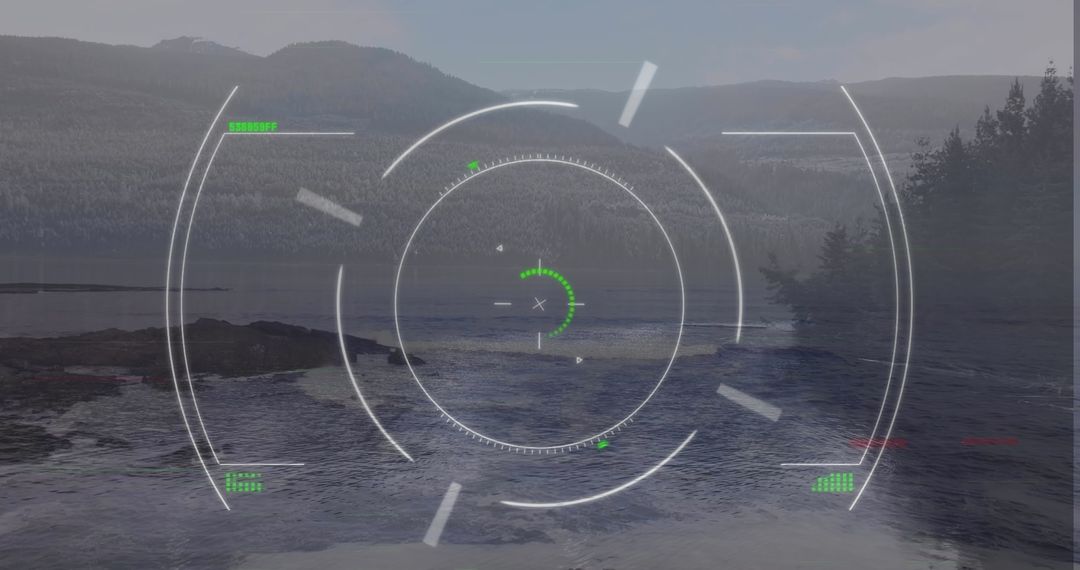 Futuristic Tactical HUD Overlays Coastal Inlet with Green Indicators