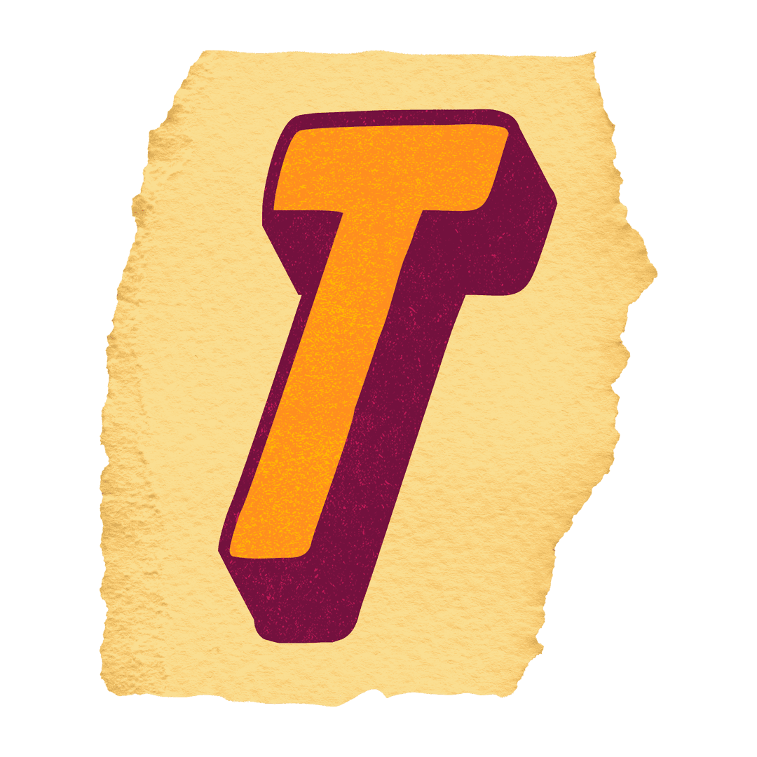 Retro 3D Block Letter T on Torn Beige Paper Transparent Background