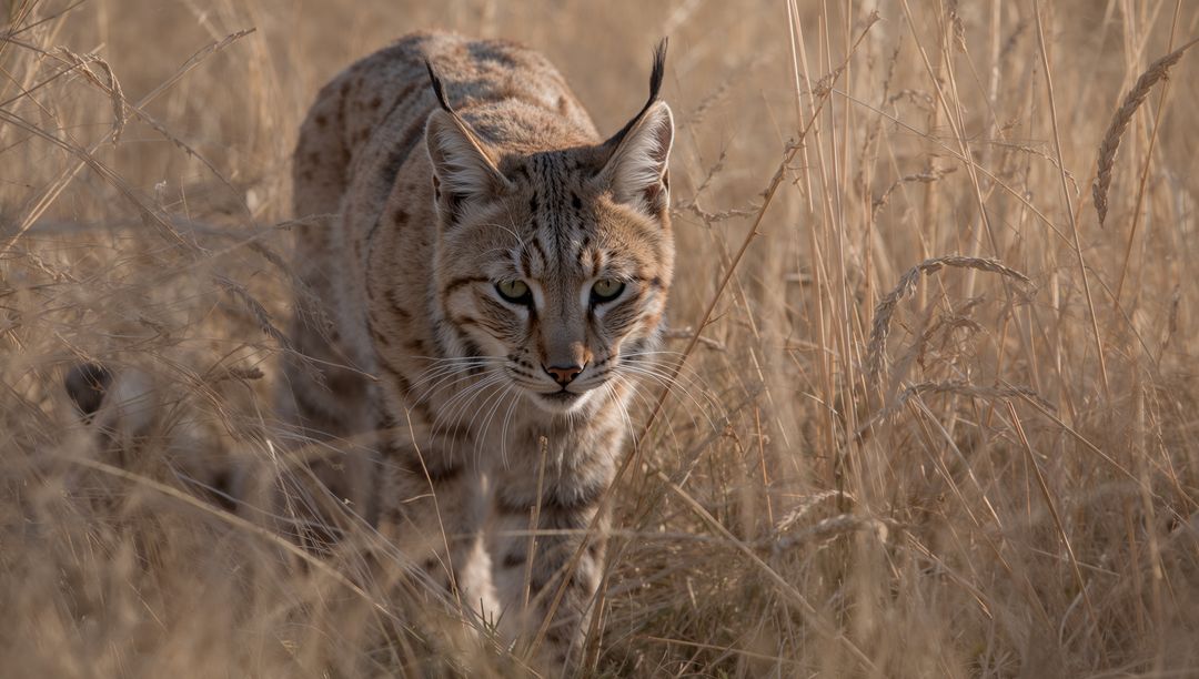 Bobcat stalking through tall dry grass with tufted ears and spotted camouflage coat