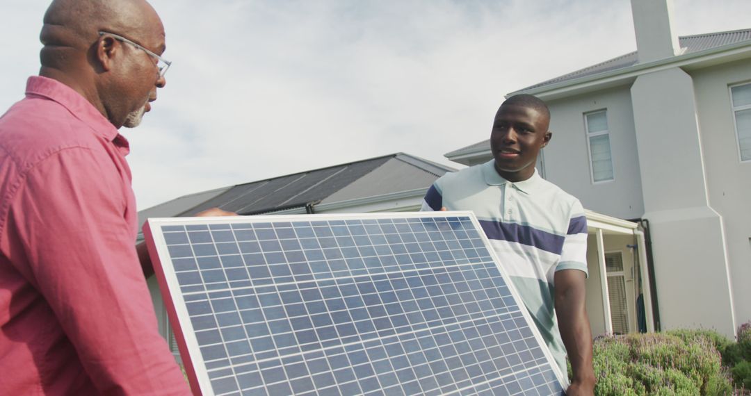 Image of african american men holding solar panel - Free Images, Stock Photos and Pictures on Pikwizard.com