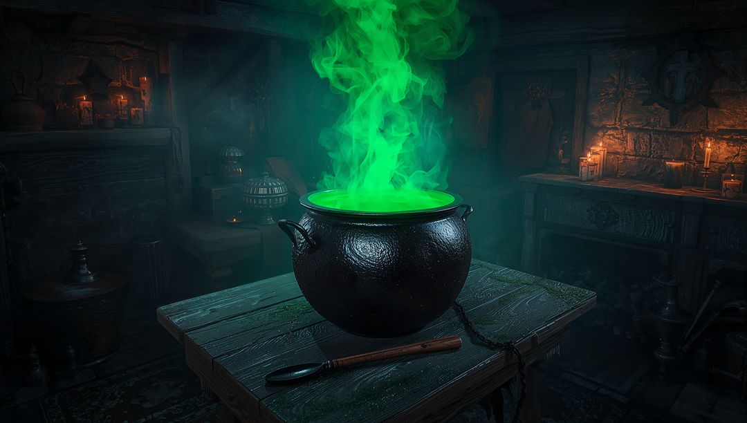 Mystical Green Vapor from Cauldron in Alchemy Chamber