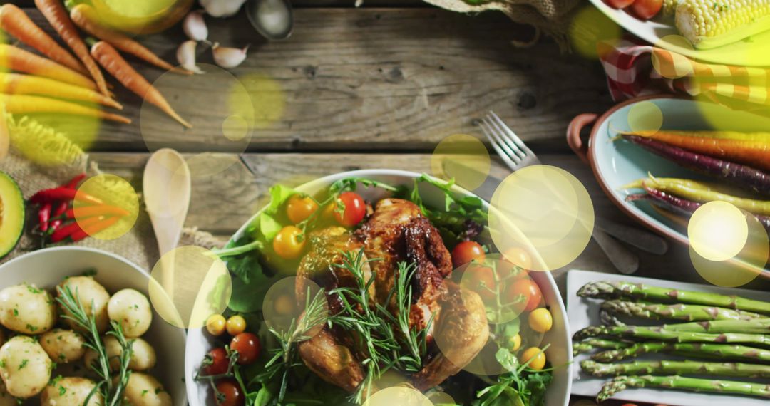 Festive Autumn Feast on Wooden Table with Decorative Lights