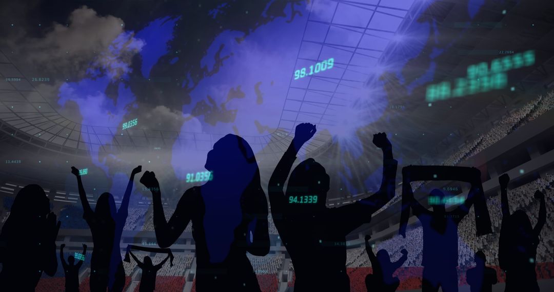 Cheering Fan Silhouettes with Global Data in Stadium Background