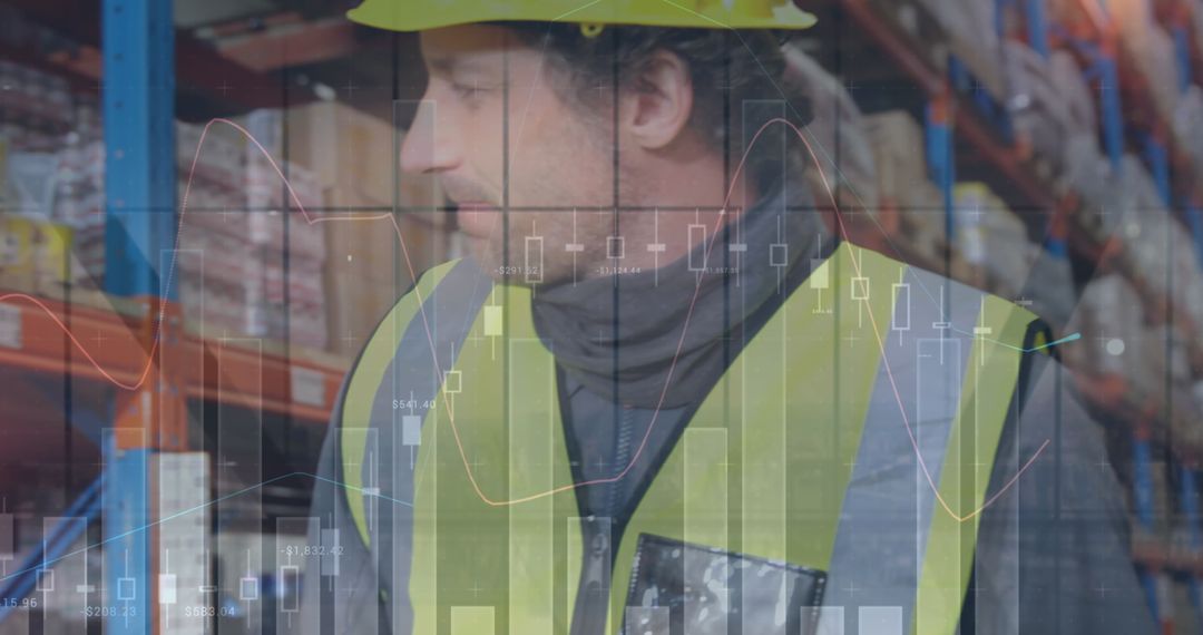 Warehouse Worker Overlaid with Financial Data Graphics