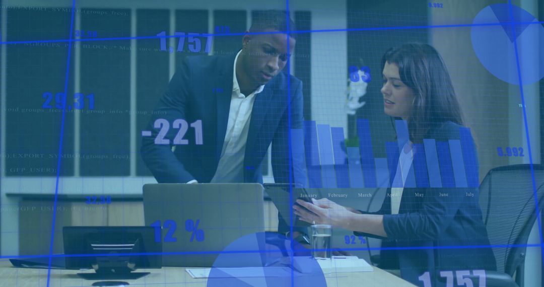 Business Professionals Analyzing Data with Digital Technology Overlay