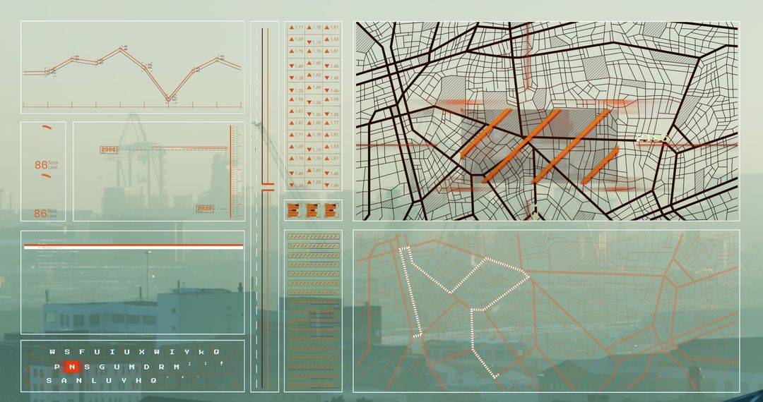 Digital Urban Planning Map with Transportation Interface Overlay