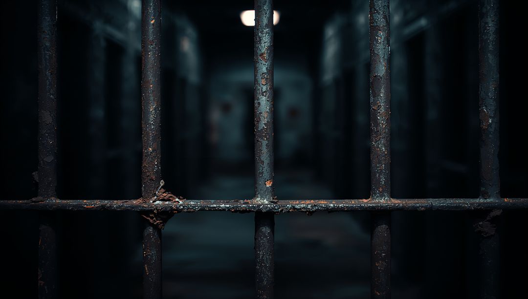 Rusty Prison Bars Framing Dim Corridor, Spooky Ambience