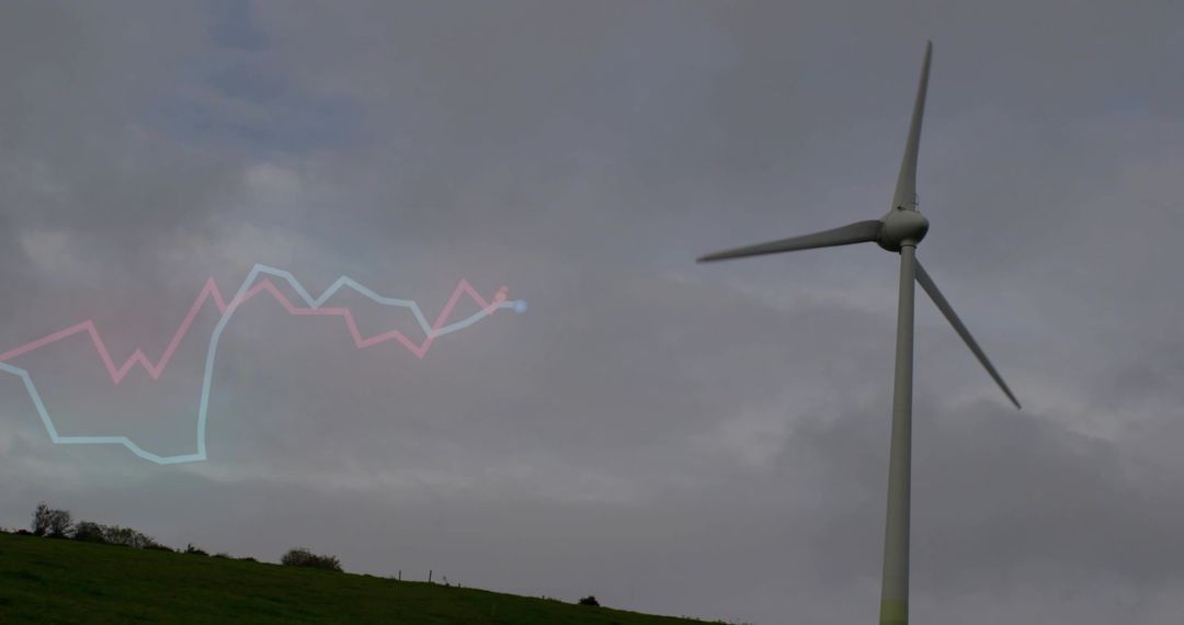 Wind Turbine Turning Overcast Sky with Cyan Pink Line Graph Overlay for Energy Analytics