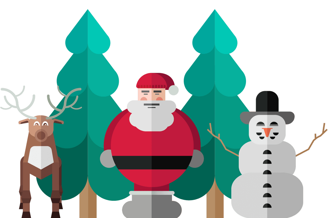 Transparent Festive Trio: Santa, Snowman, and Reindeer on Winter Scene