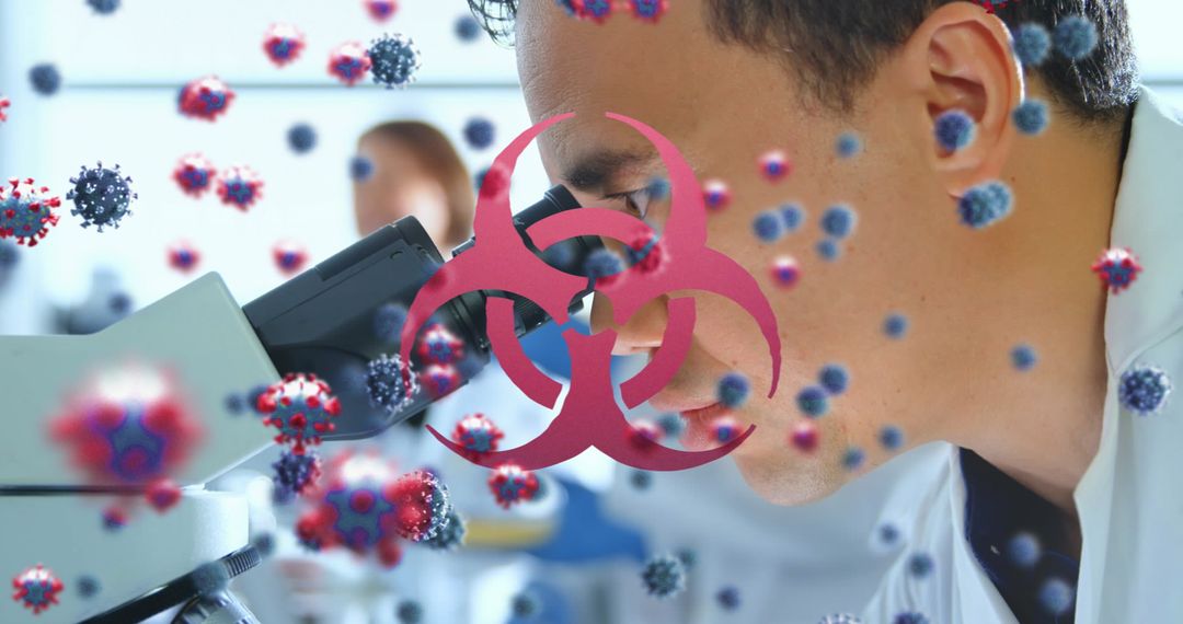 Scientist Observing Virus Cells Through Microscope in Lab Setting