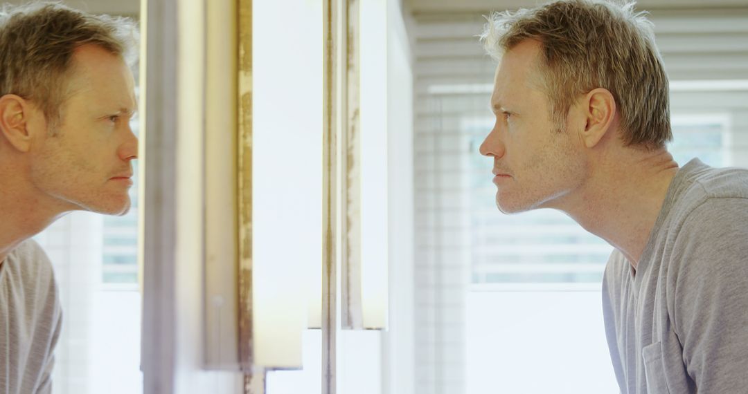 Man Reflecting on Life in Bathroom Mirror - Free Images, Stock Photos and Pictures on Pikwizard.com