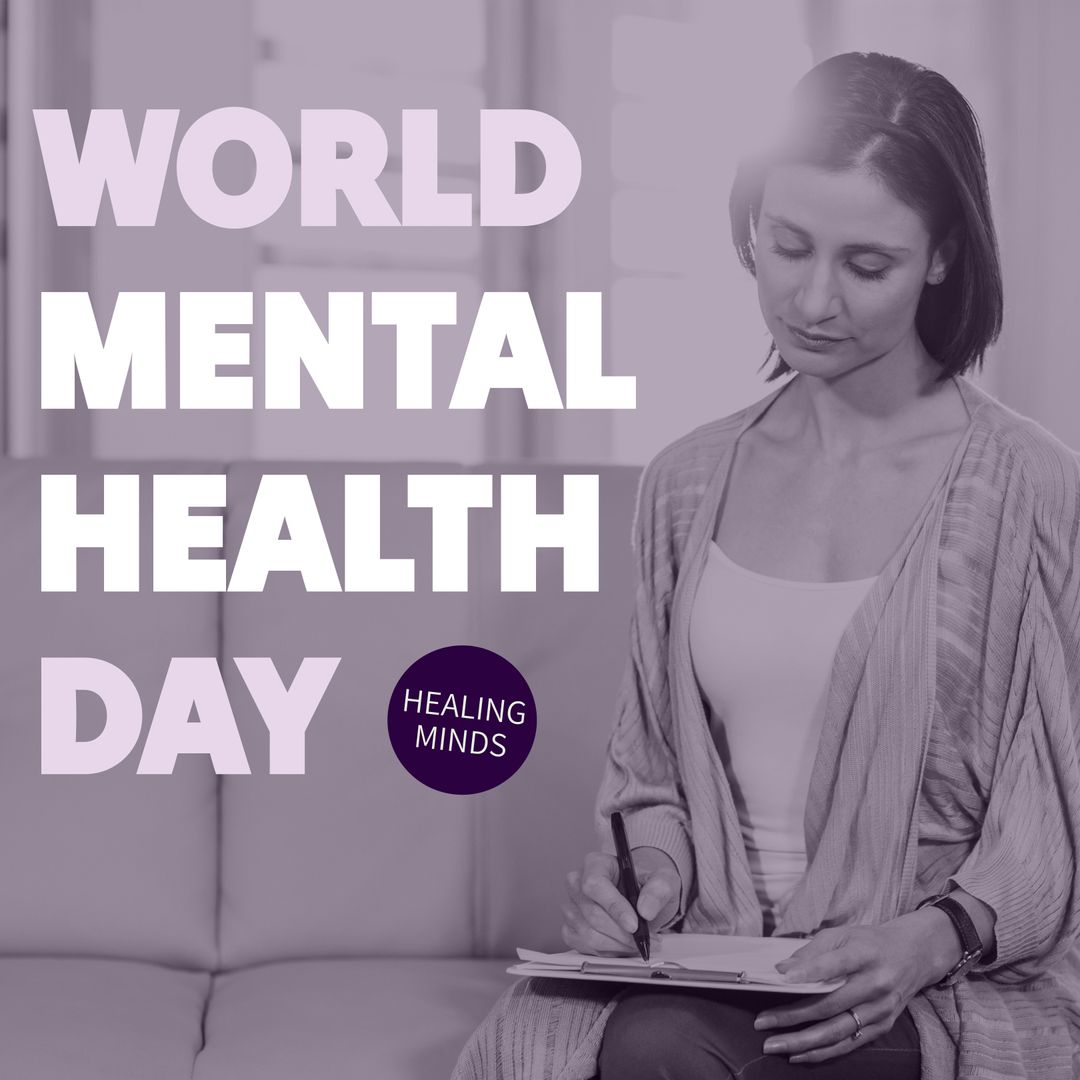World Mental Health Day Visual with Thoughtful Woman Writing Notes
