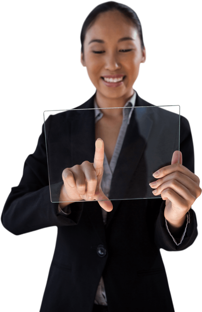 Businesswoman Engaging with Transparent Screen Interface