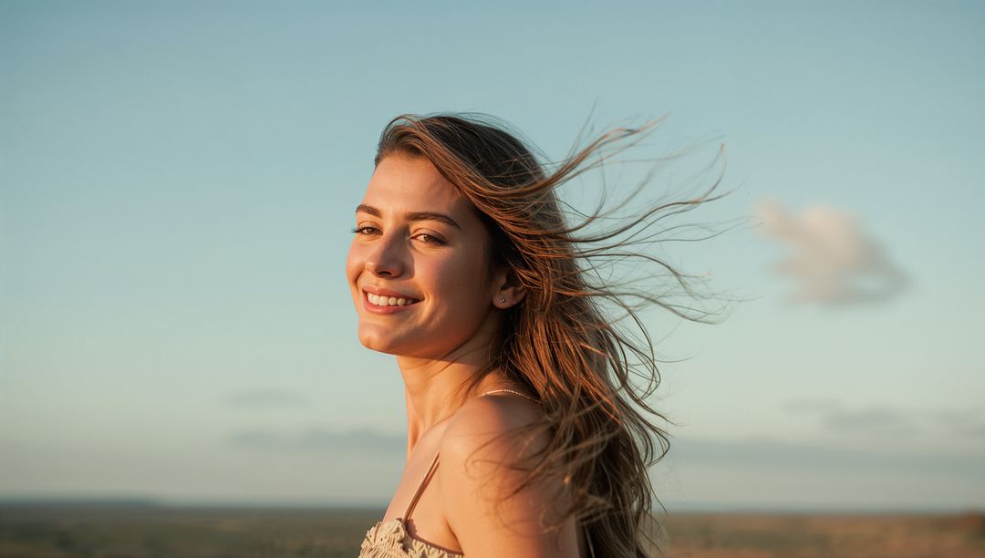 Smiling woman standing on wind-swept plain at golden hour wearing thin-strap top