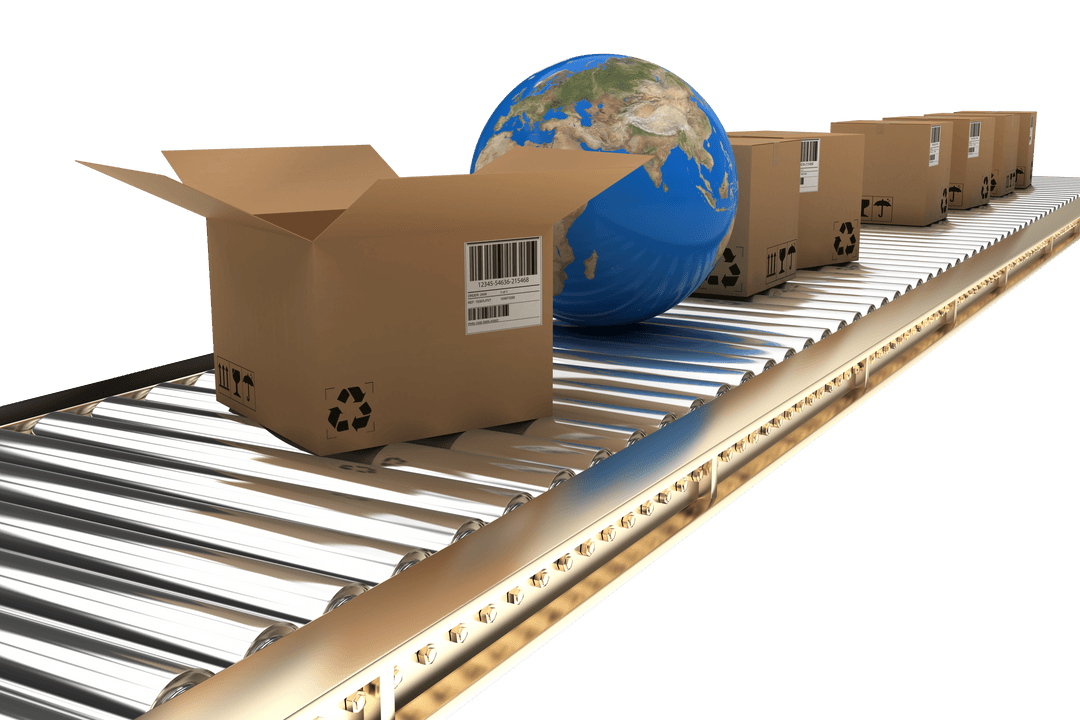 Transparent Global Logistics Concept with Conveyor and Globe
