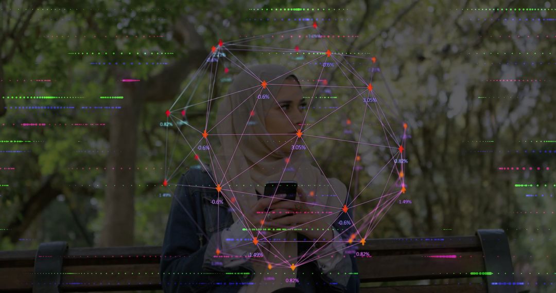 Woman in Hijab Holding Smartphone with Network Graph Overlay, Park Background