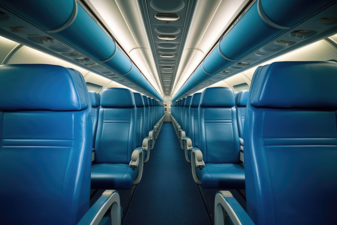 Empty Airplane Cabin with Blue Seats and Overhead Bins - Free Images, Stock Photos and Pictures on Pikwizard.com