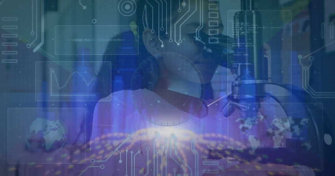 Girl Analyzing Data Graphics Through Virtual Interface