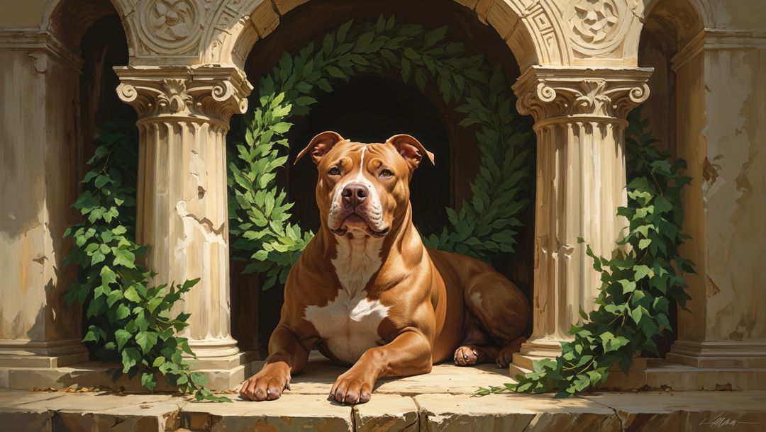 Majestic brown pitbull dog in ancient stone archway with ivy and wreath