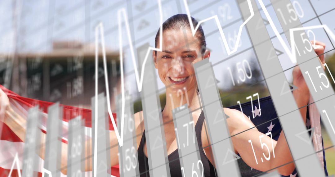 Smiling Athlete Draping American Flag with Stock Market Chart Overlay Conveying Performance