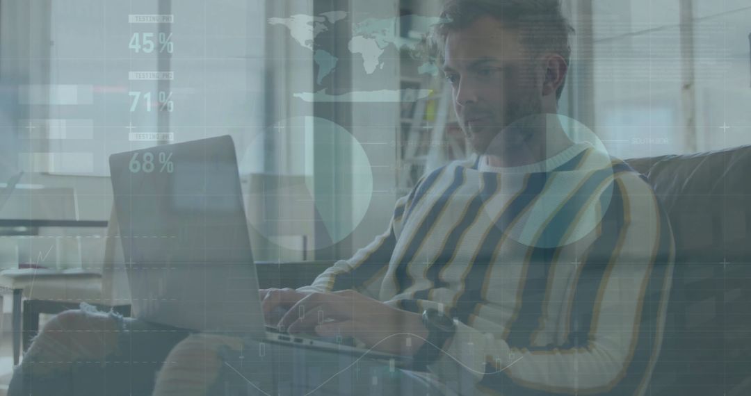 Man Analyzing Data with Laptop and Digital Overlay