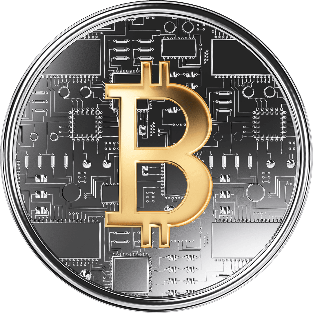 Transparent Bitcoin Symboling Golden Digital Coin on Circuitry Background