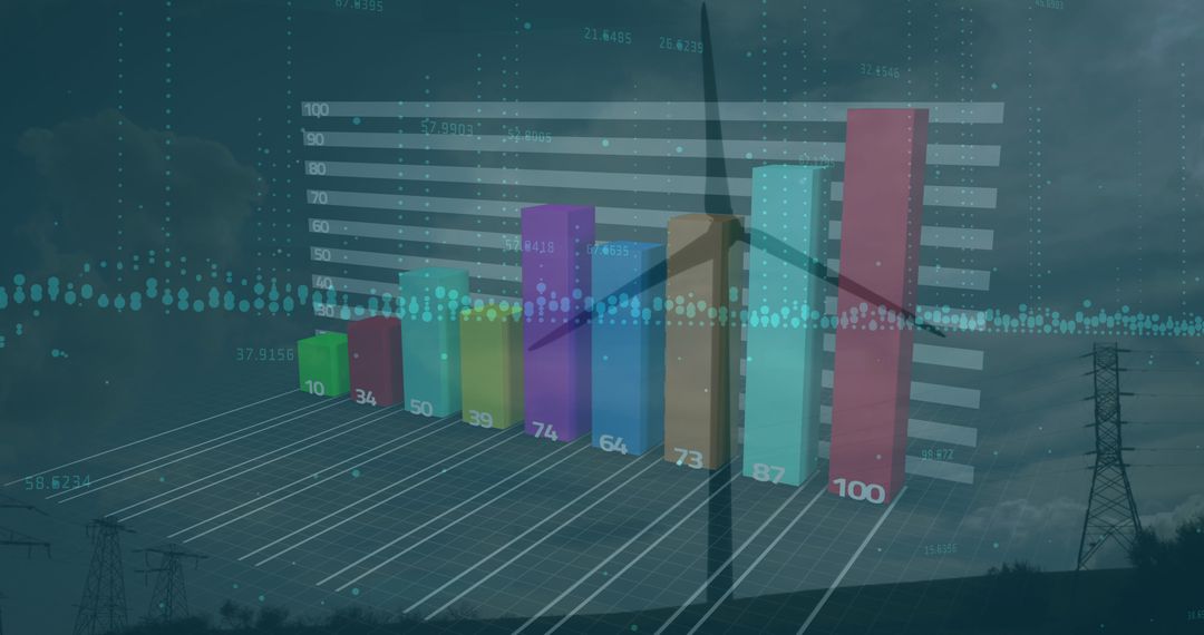 Digital Data Overlay on Wind Turbine and Power Lines Background