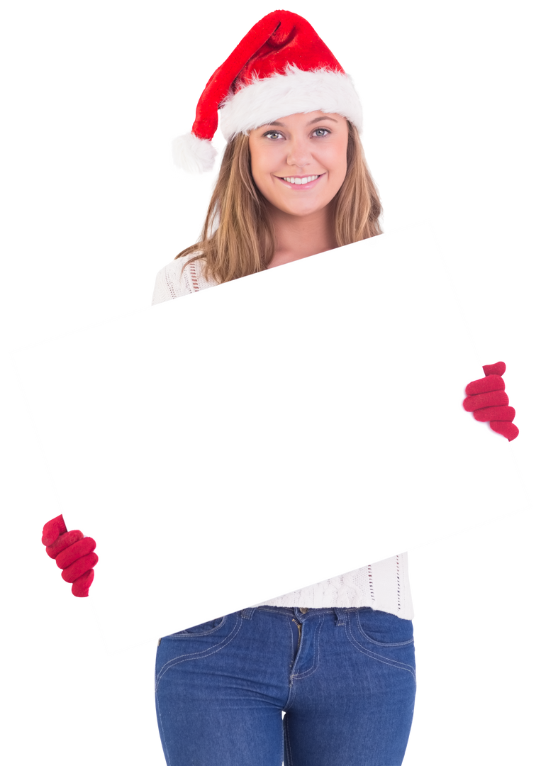 Festive Blonde Woman Holding Transparent Poster in Santa Hat - Download Free Stock Images Pikwizard.com