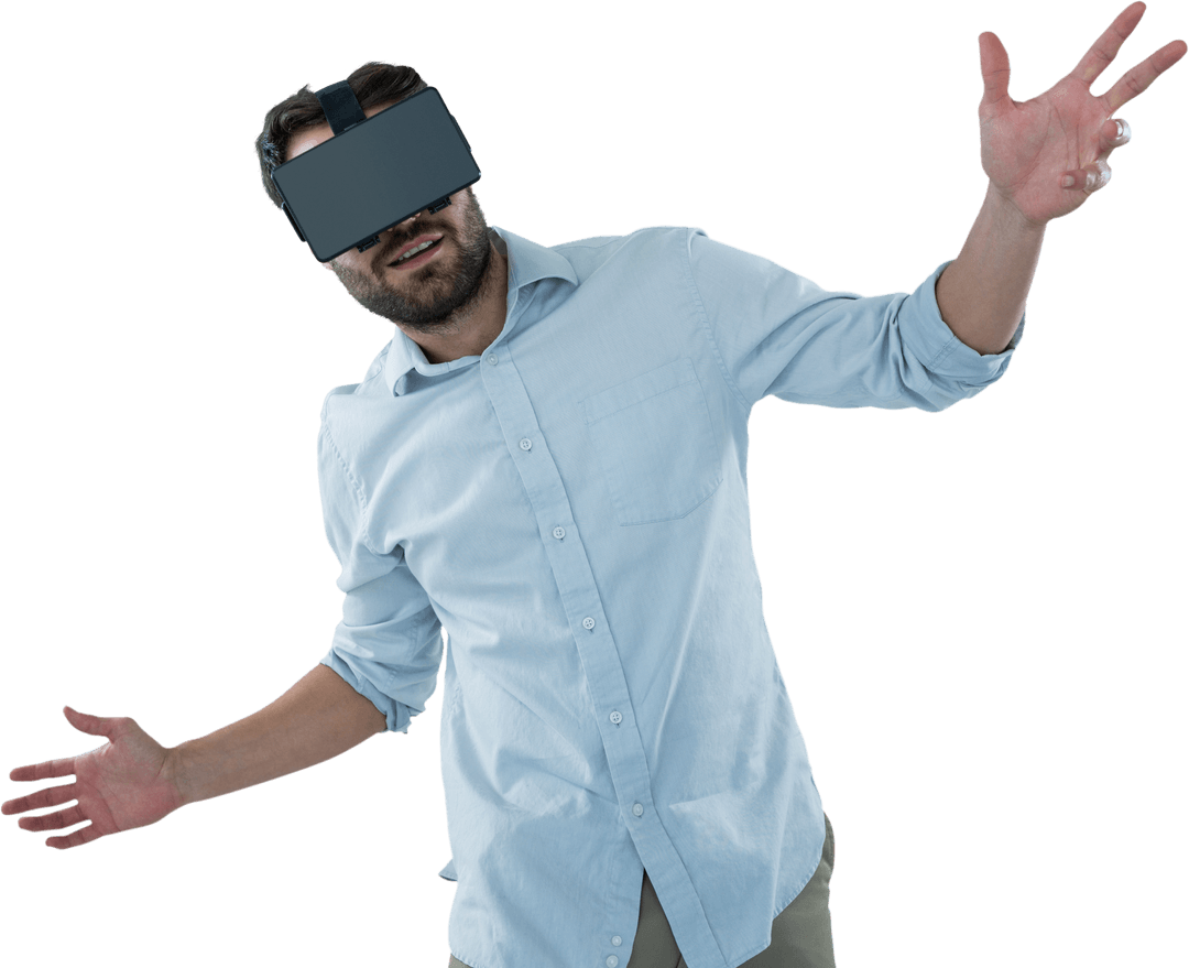 Happy Man Experiencing Virtual Reality with Transparent Oculus Rift
