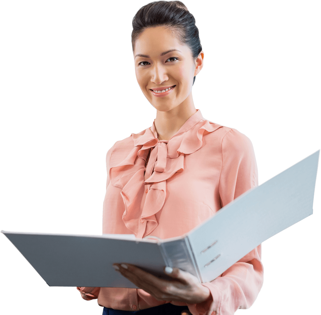 Smiling Businesswoman Holding File on Transparent Background