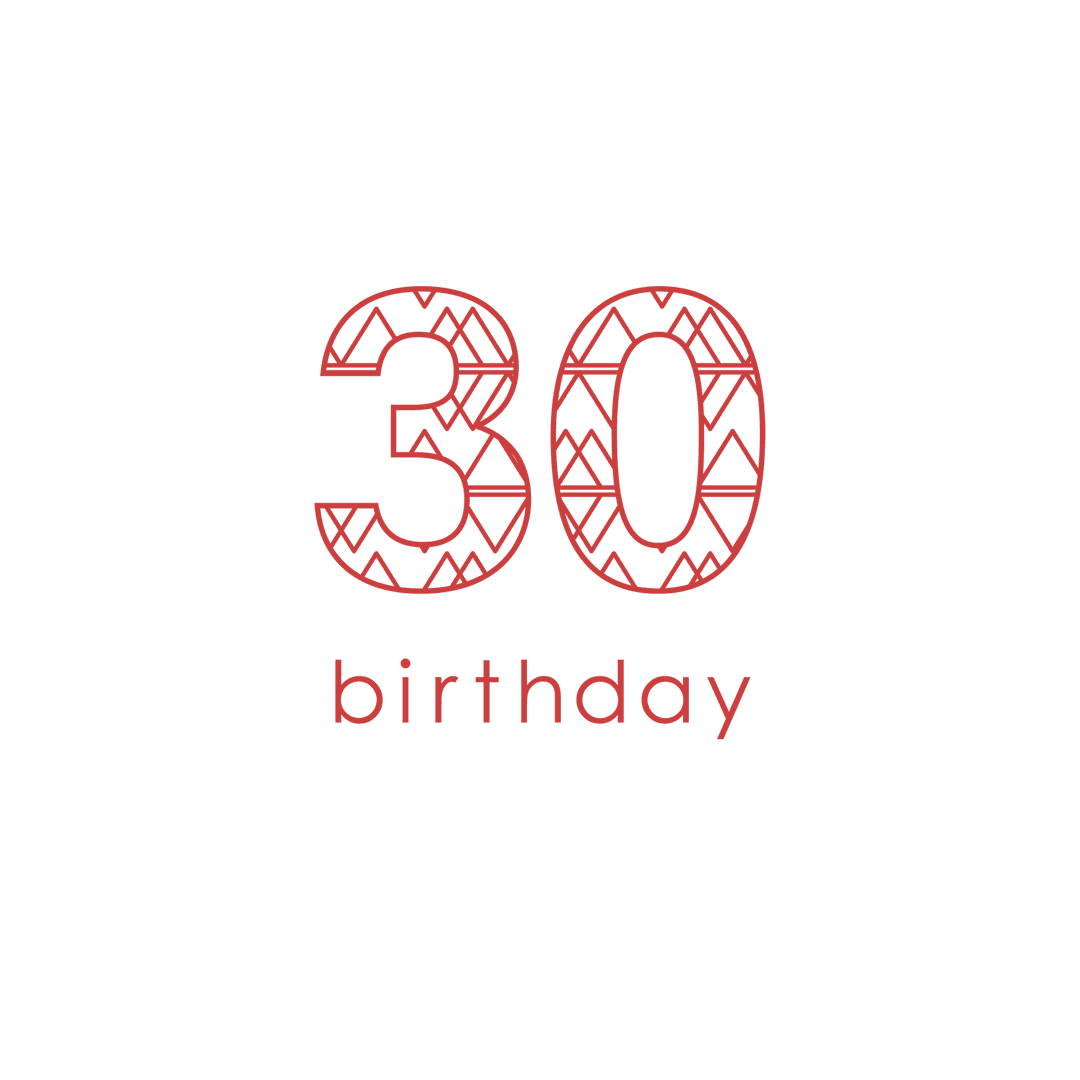 Celebratory red 30 number with pattern on transparent background