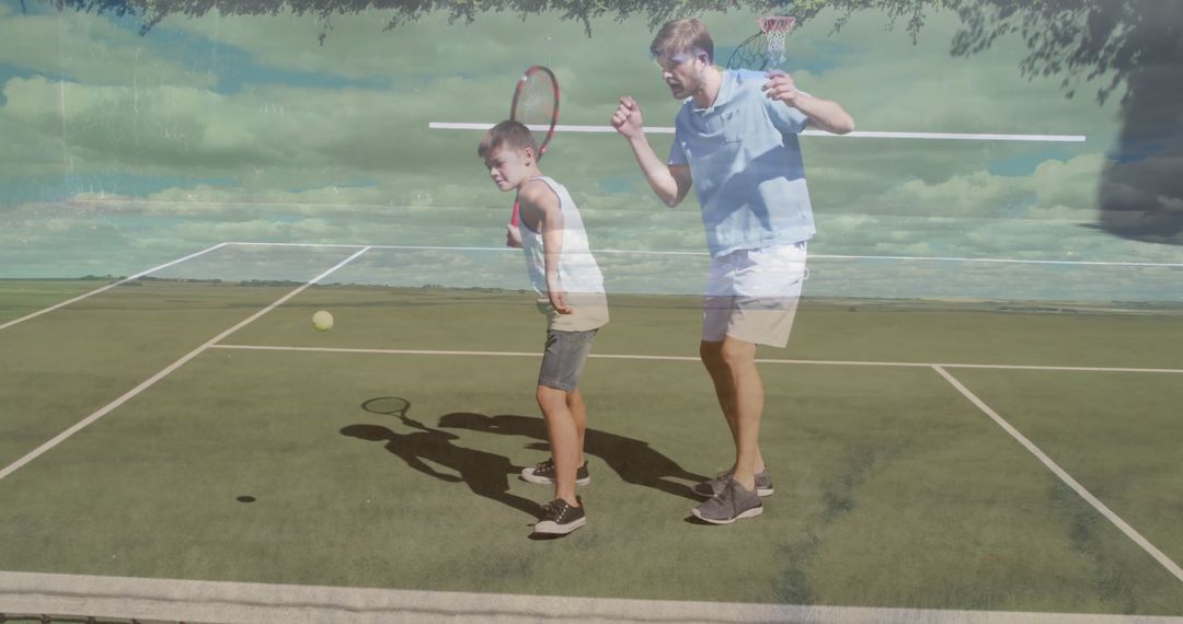 Father and Son Tennis Practice with Overlapping Artistic Effect