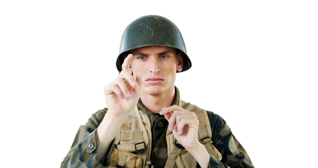 Focused Soldier Interacting with Virtual Interface