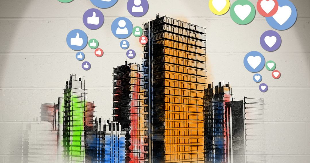 Digital Social Media Icons Over Vibrant Cityscape