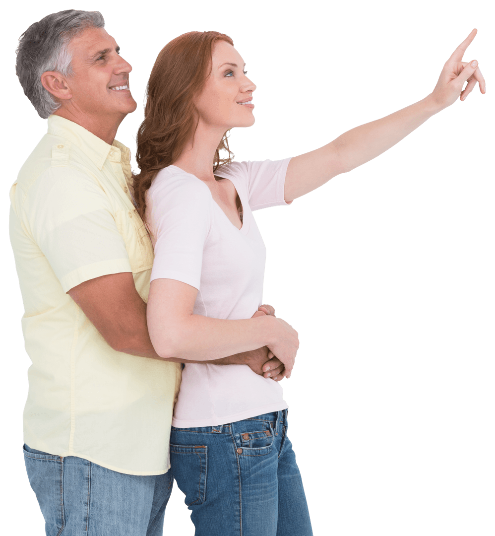 Happy Mature Couple Embracing and Pointing on Transparent Background