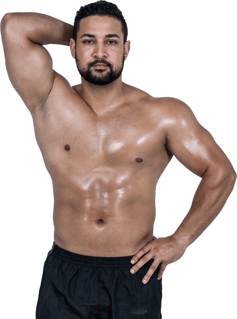 Muscular Man Flexing and Wearing Black Shorts on Transparent Background