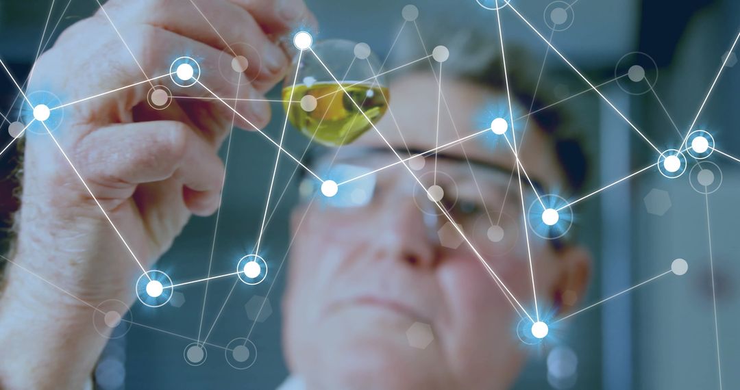 Scientist Holding Test Tube with Network of Connections Overlay