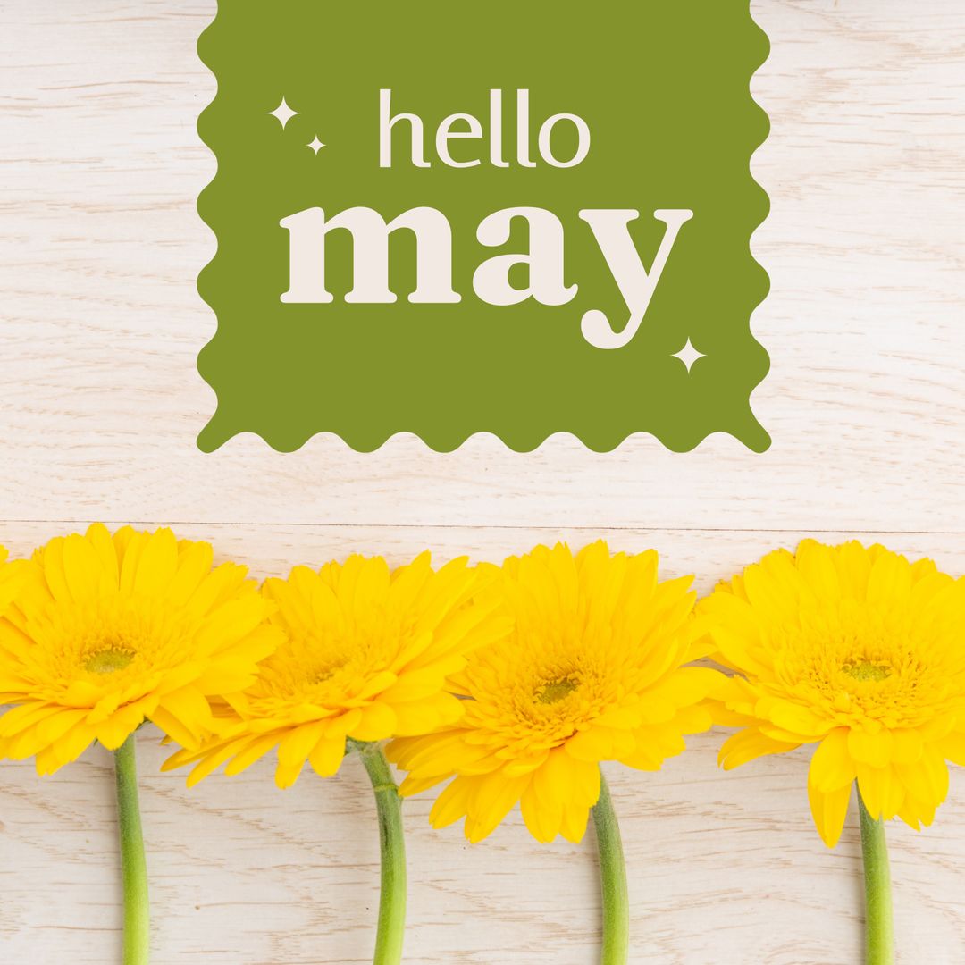 Hello May Greeting with Vibrant Yellow Flowers on Wooden Surface