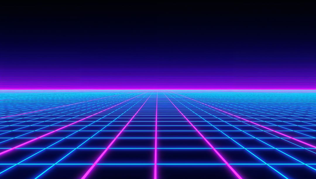 Futuristic Neon Landscape with Digital Grid Creating Deep Perspective