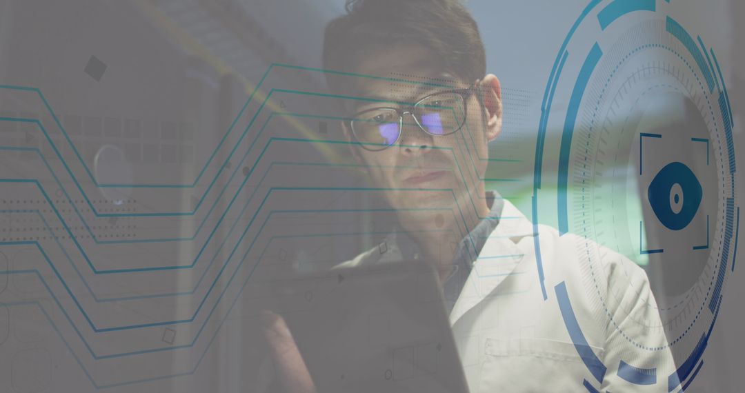 Technician Analyzing Data in High-Tech Server Room With Digital Interface Overlay