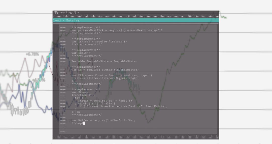 Transparent Digital Terminal Displaying JavaScript Overlapping Financial Analysis
