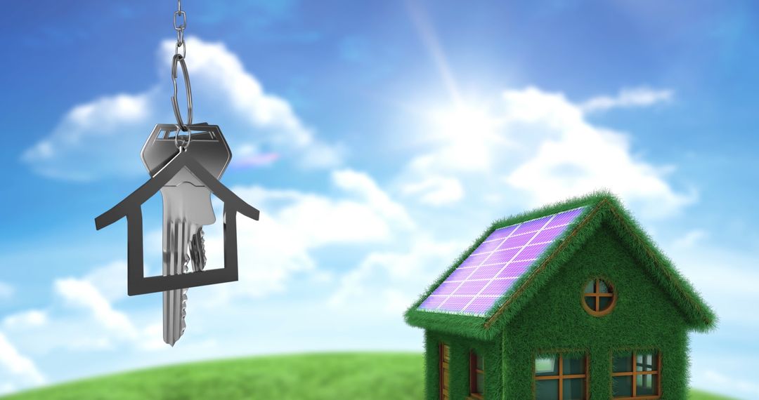 Keychain Floating with Eco-Friendly Solar Power Home in Background