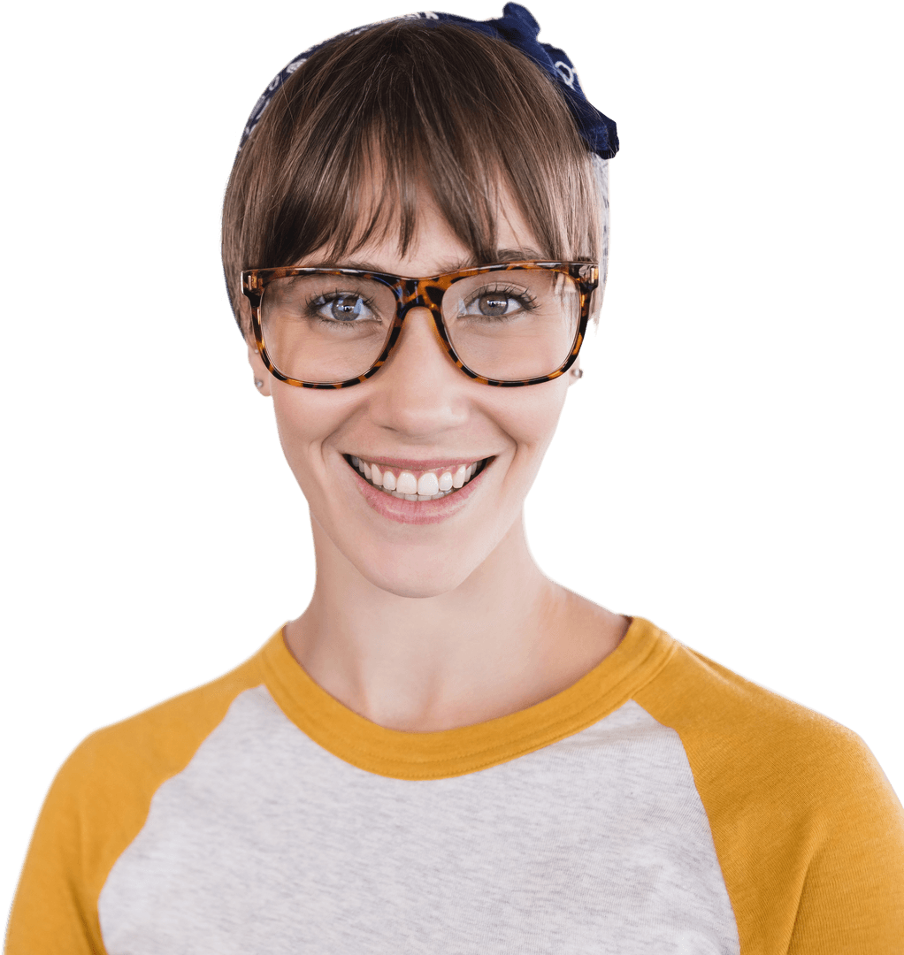 Transparent smiling young woman with glasses portrait