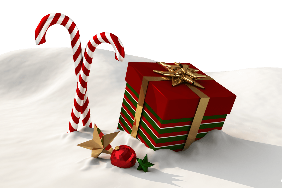 Festive Christmas Gift Box and Candy Canes in Snow with Transparent Background